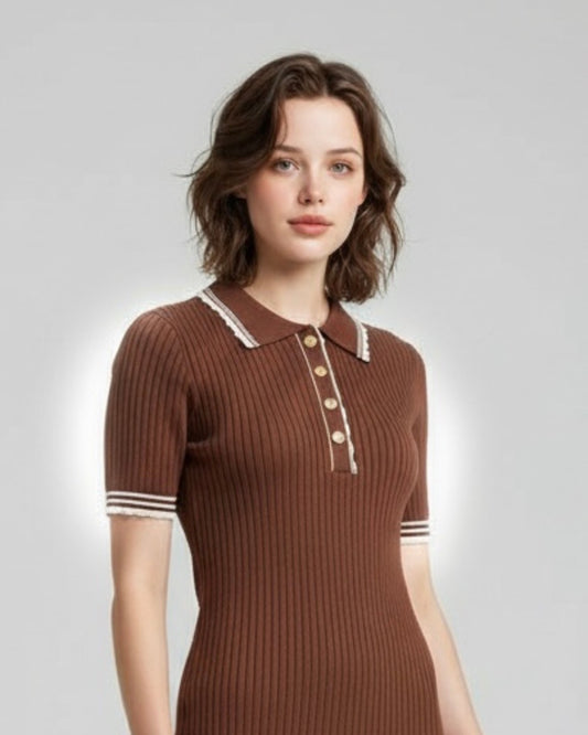 Retro Chocolate Brown Knit Top with White Frill Detailing