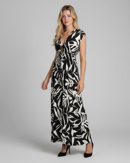 Black and Cream Botanical Maxi Dress