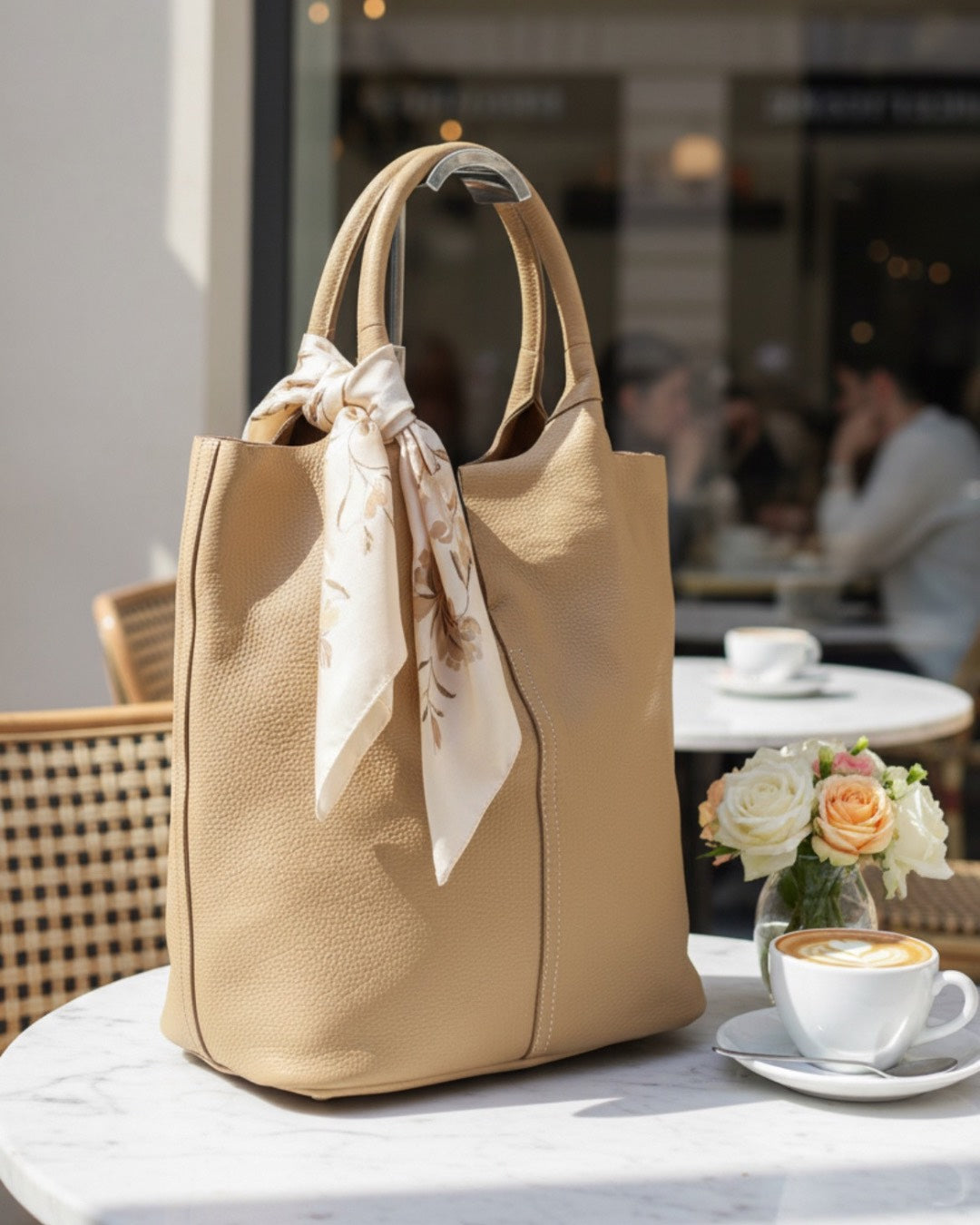 Warm Beige Leather Tote Bag