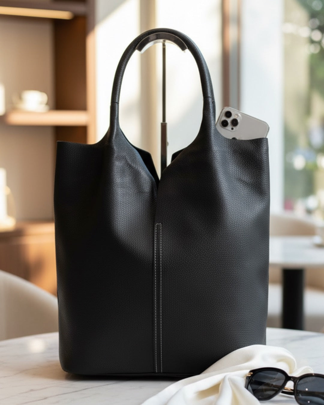 Midnight Black Leather Tote Bag